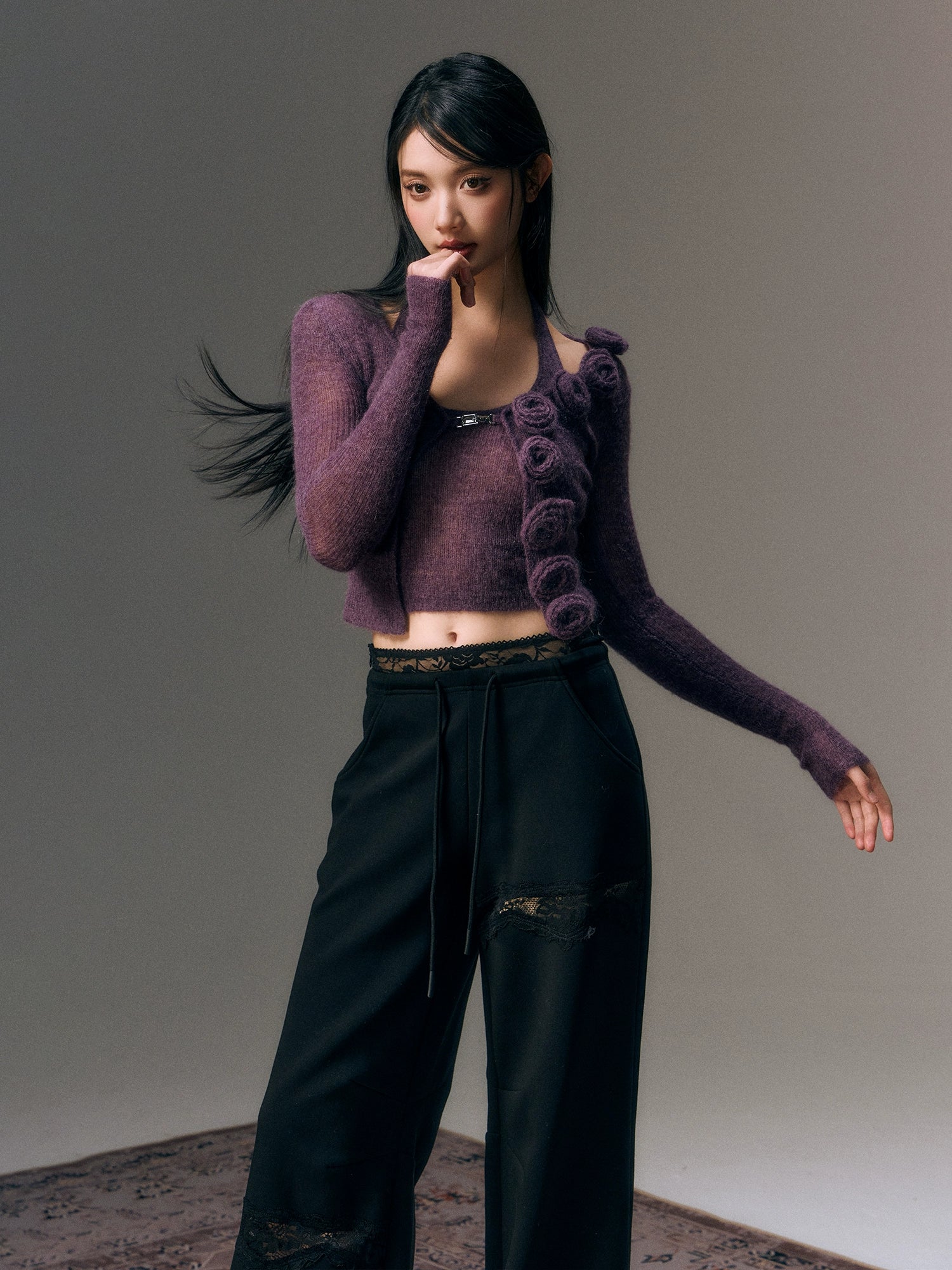 Gray &amp; Purple Rose Wool Knitted Sweater &amp; Vest Set - CHINASQUAD