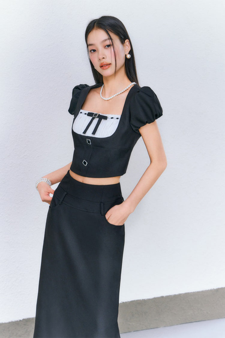 Black puff sleeve Square Neck Top &amp; Midi Skirt Set - CHINASQUAD
