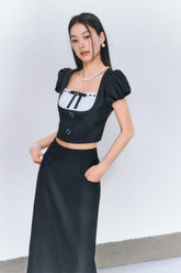 Black puff sleeve Square Neck Top & Midi Skirt Set - CHINASQUAD