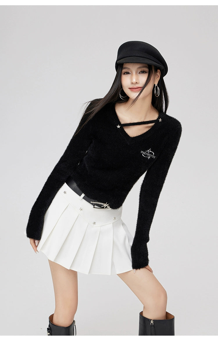 Black V-neck Knitted Long-sleeve Sweater - CHINASQUAD