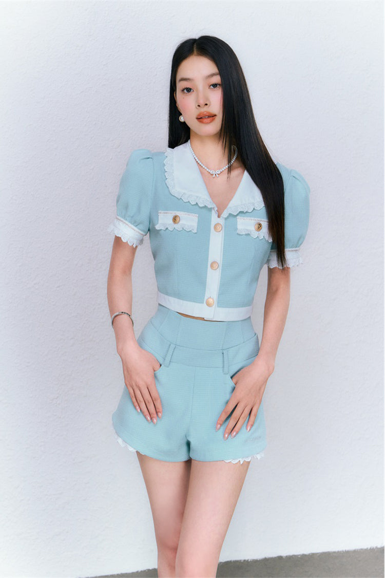Lace Bubble Sleeve Short Top &amp; Long Skirt &amp; Culottes Set - CHINASQUAD