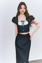 Black puff sleeve Square Neck Top & Midi Skirt Set - CHINASQUAD