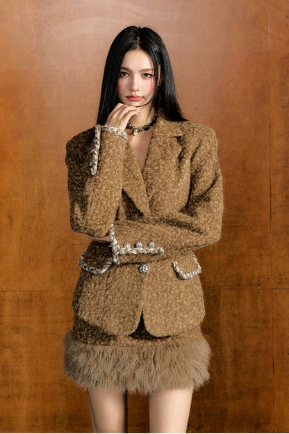 Woolen Shoulder-padded Blazer &amp; Skirt Set - CHINASQUAD