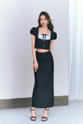 Black puff sleeve Square Neck Top & Midi Skirt Set - CHINASQUAD