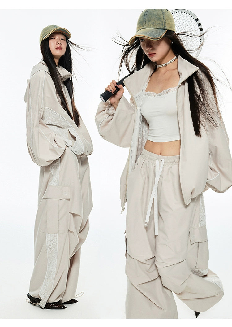 Black &amp; Beige Wide-Legged Windbreaker Pants - CHINASQUAD