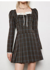 Plaid Square Neck Pleated Dress - CHINASQUAD