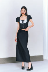 Black puff sleeve Square Neck Top & Midi Skirt Set - CHINASQUAD