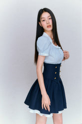 College Striped Shirt & Navy High Waist Skirt Set - CHINASQUAD