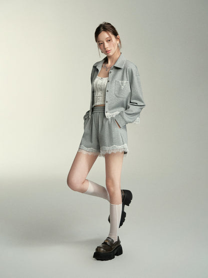 Grey Lace Spliced Cardigan &amp; Shorts Sets - CHINASQUAD