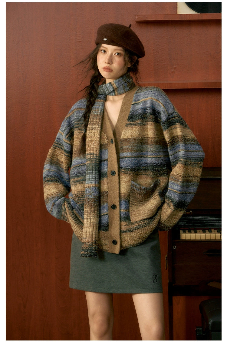 Striped Knit Cardigan &amp; Scarf Set - CHINASQUAD