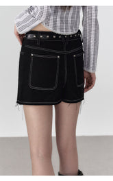 Black Denim 2-in-1 Studded Frayed Mini Skirt - CHINASQUAD