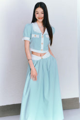 Lace Bubble Sleeve Short Top & Long Skirt & Culottes Set - CHINASQUAD