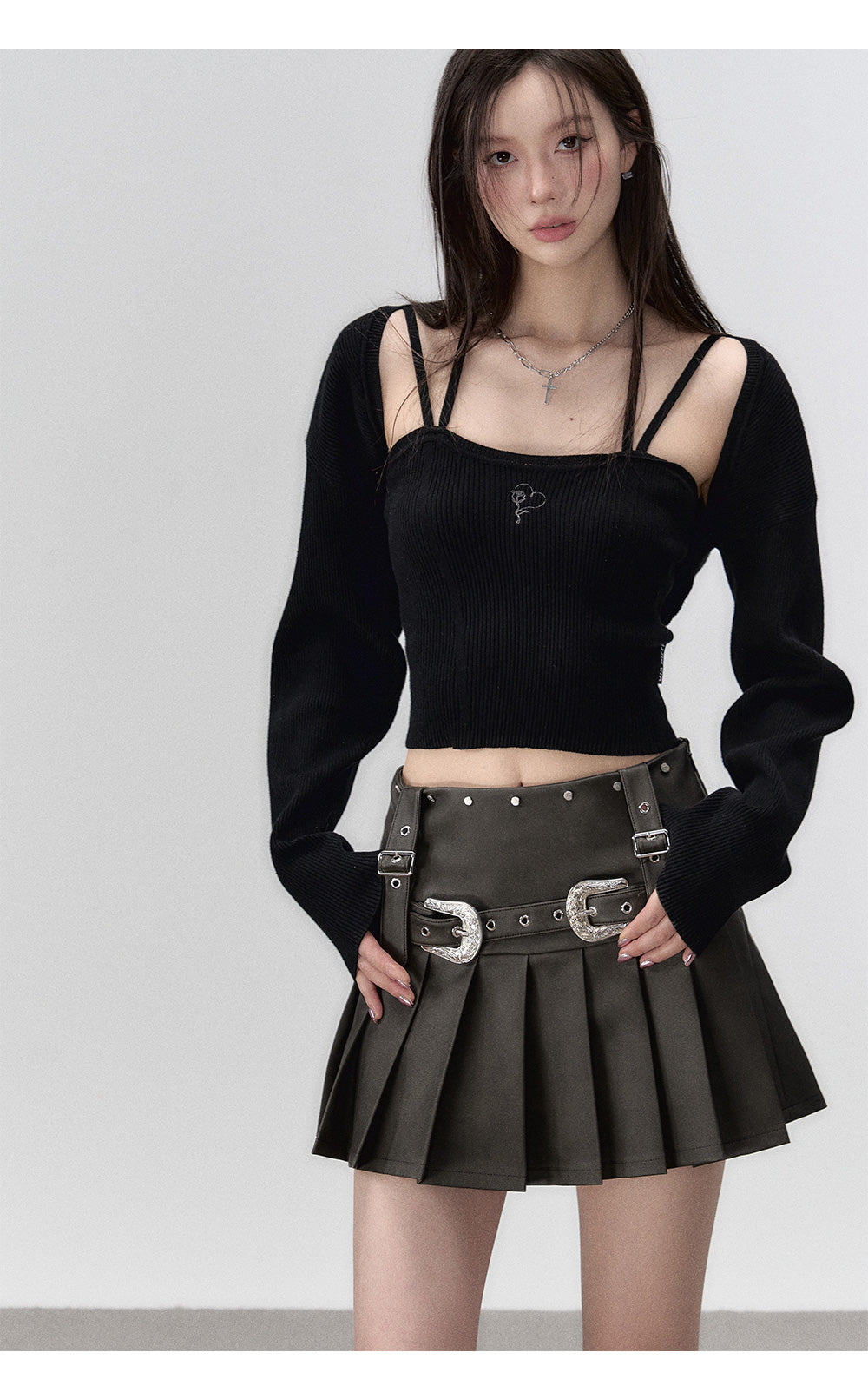 Brown Metallic Belt &amp; Pleated Skirt - CHINASQUAD