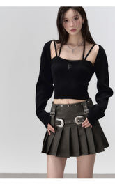 Brown Metallic Belt & Pleated Skirt - CHINASQUAD