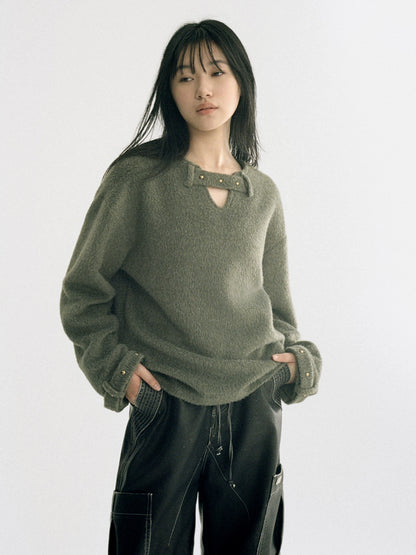 Green Rivet V-neck Sweater - CHINASQUAD