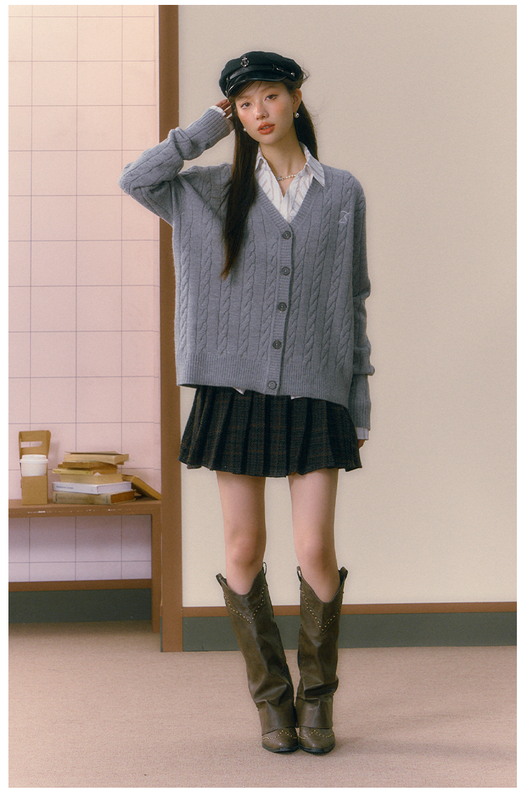 Gray &amp; Brown College Style Knitted Cardigan - CHINASQUAD