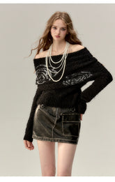 Black & Khaki Off-shoulder Wool Knitted Sweater - CHINASQUAD