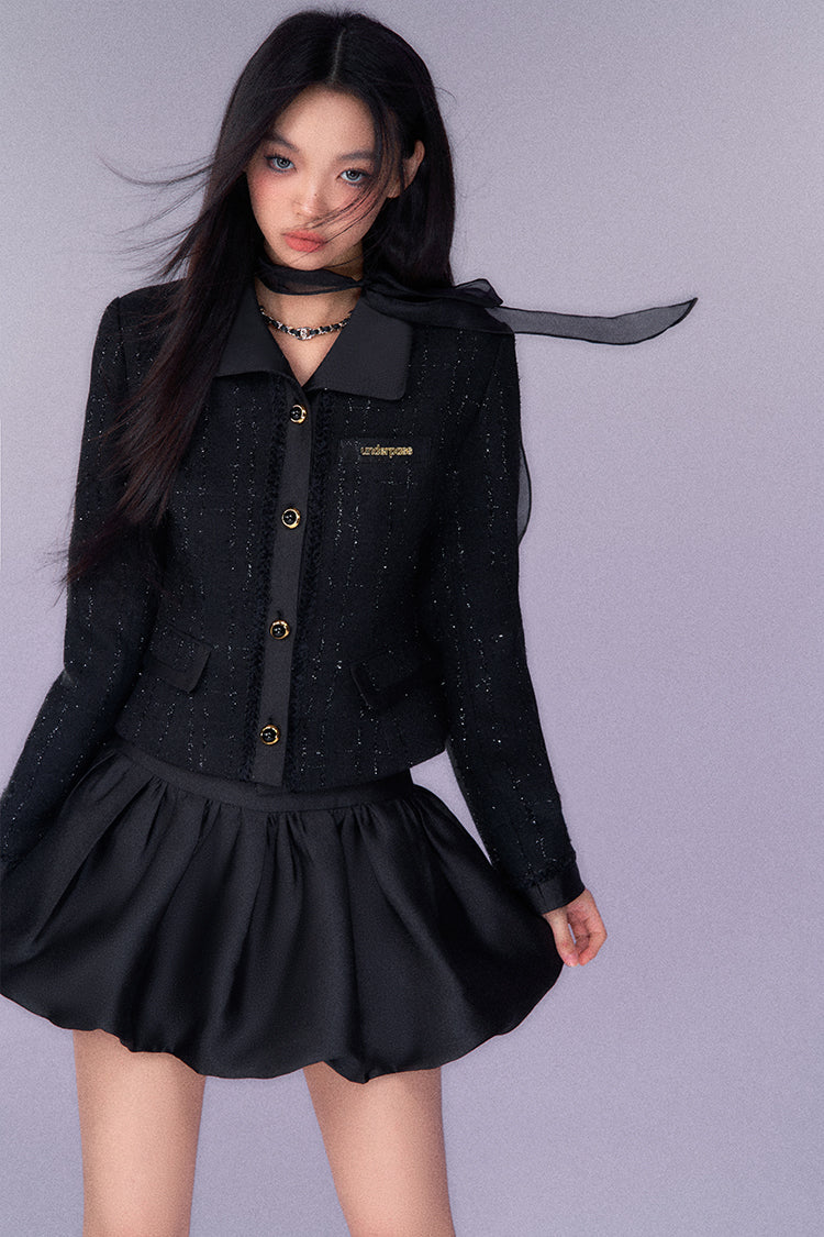 (Final Sale) Black Bouclé Blazer &amp; Bubble Skirt Set - CHINASQUAD