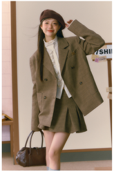 Khaki Three-Piece Merad High-End Suit Jacket & Pleated Skirt Set - CHINASQUAD