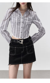 Black Denim 2-in-1 Studded Frayed Mini Skirt - CHINASQUAD