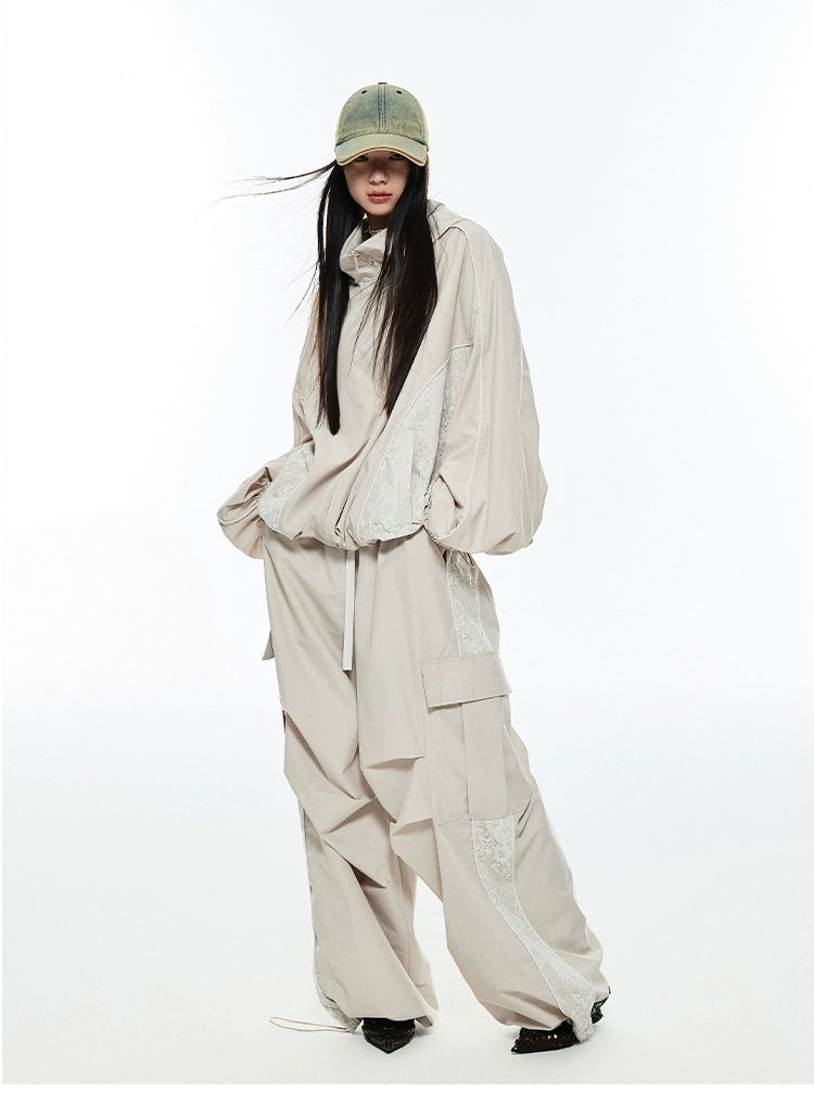 Black &amp; Beige Wide-Legged Windbreaker Pants - CHINASQUAD