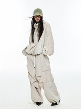 Black & Beige Wide-Legged Windbreaker Pants - CHINASQUAD