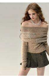 Black & Khaki Off-shoulder Wool Knitted Sweater - CHINASQUAD