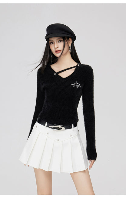 Black V-neck Knitted Long-sleeve Sweater - CHINASQUAD