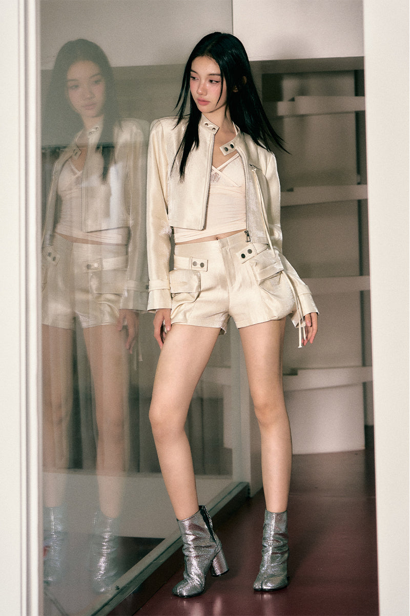 Satin Shimmer Short Casual Jacket &amp; Shorts &amp; Skirt Set - CHINASQUAD