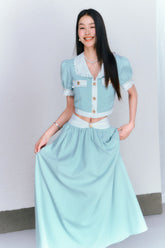 Lace Bubble Sleeve Short Top & Long Skirt & Culottes Set - CHINASQUAD