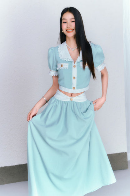 Lace Bubble Sleeve Short Top &amp; Long Skirt &amp; Culottes Set - CHINASQUAD