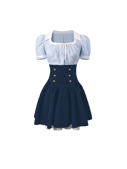 College Striped Shirt &amp; Navy High Waist Skirt Set - CHINASQUAD