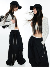 Black & Beige Wide-Legged Windbreaker Pants - CHINASQUAD