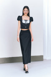 Black puff sleeve Square Neck Top & Midi Skirt Set - CHINASQUAD