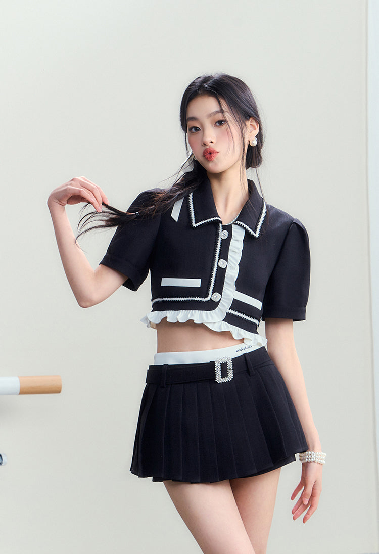 Vintage Polo Collar Top &amp; Black Pleated Skirt Set - CHINASQUAD