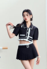 Vintage Polo Collar Top & Black Pleated Skirt Set - CHINASQUAD