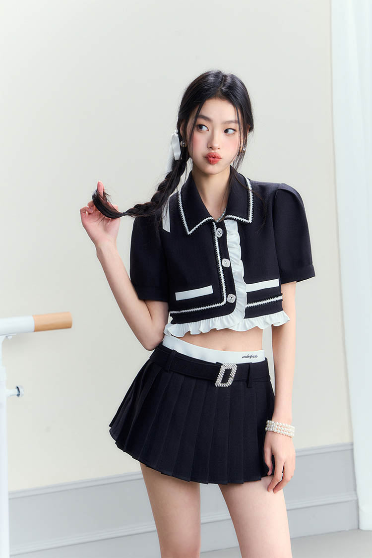 Vintage Polo Collar Top & Black Pleated Skirt Set