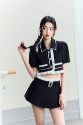 Vintage Polo Collar Top & Black Pleated Skirt Set - CHINASQUAD