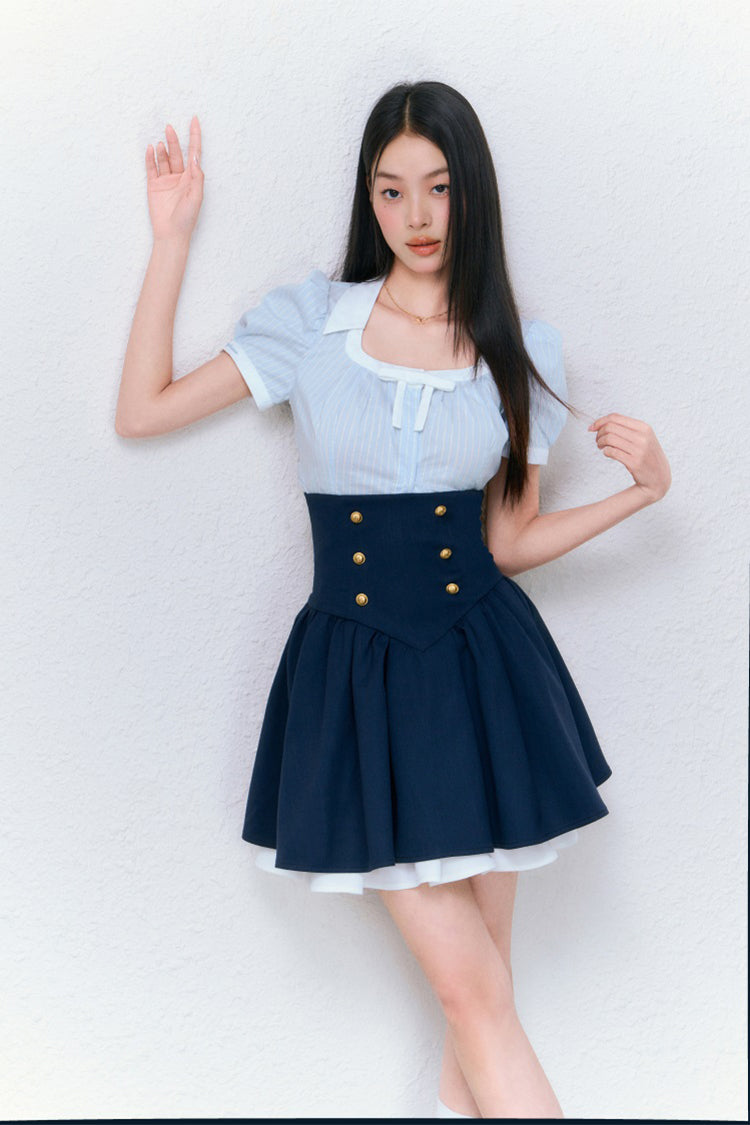 College Striped Shirt &amp; Navy High Waist Skirt Set - CHINASQUAD