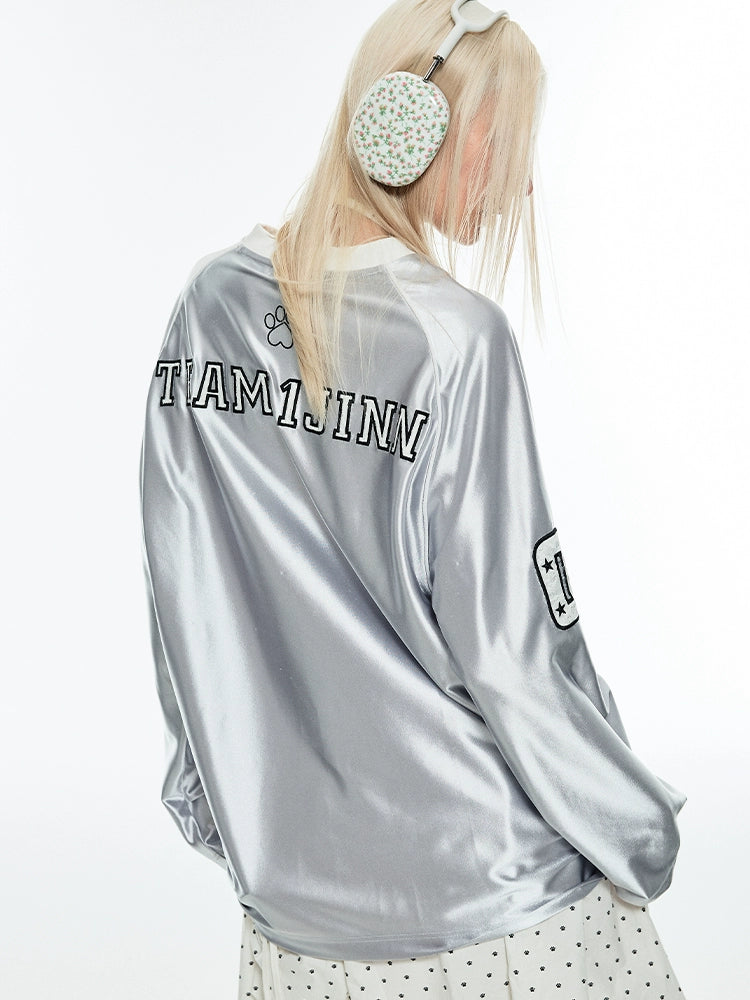 V-Neck Satin Oversized Long Sleeve T-shirt - CHINASQUAD