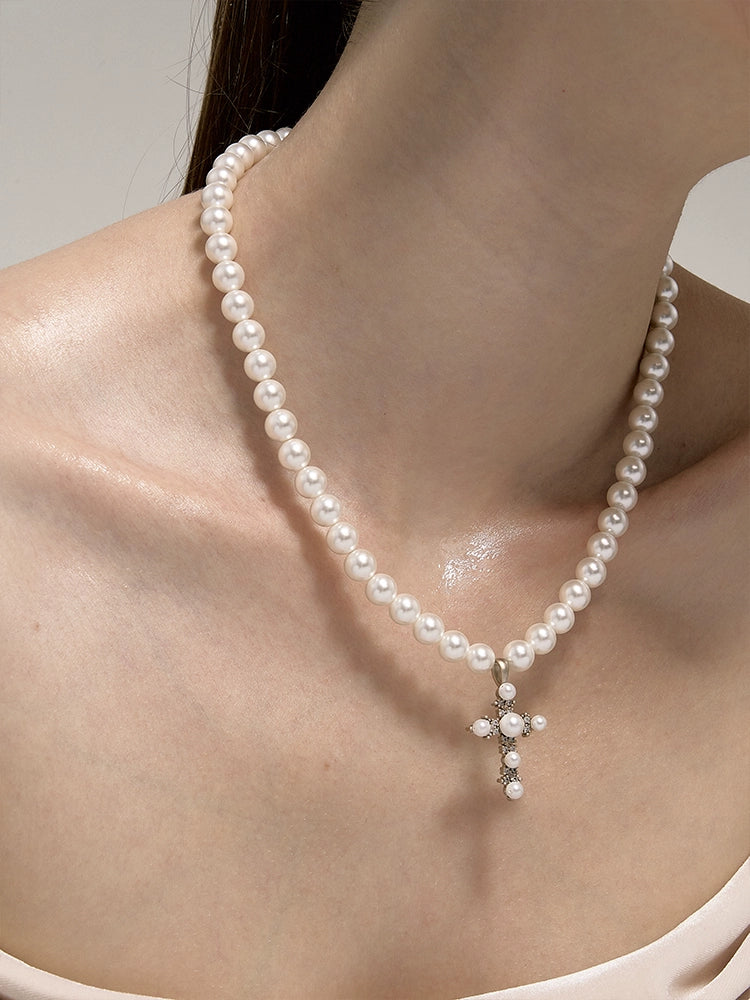 Retro Baroque Pearl Cross Necklace - CHINASQUAD