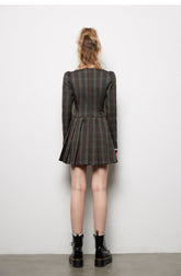 Plaid Square Neck Pleated Dress - CHINASQUAD