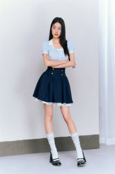 College Striped Shirt & Navy High Waist Skirt Set - CHINASQUAD