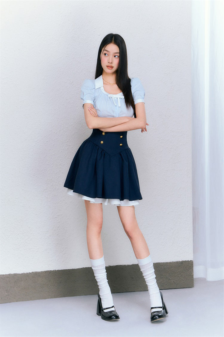 College Striped Shirt &amp; Navy High Waist Skirt Set - CHINASQUAD