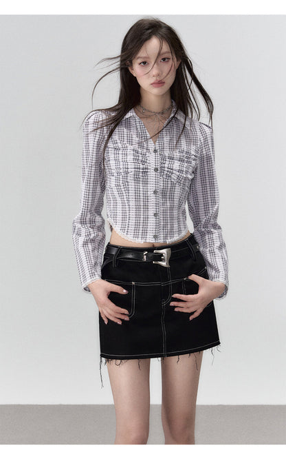Black Denim 2-in-1 Studded Frayed Mini Skirt - CHINASQUAD