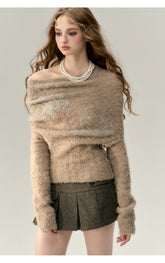 Black & Khaki Off-shoulder Wool Knitted Sweater - CHINASQUAD