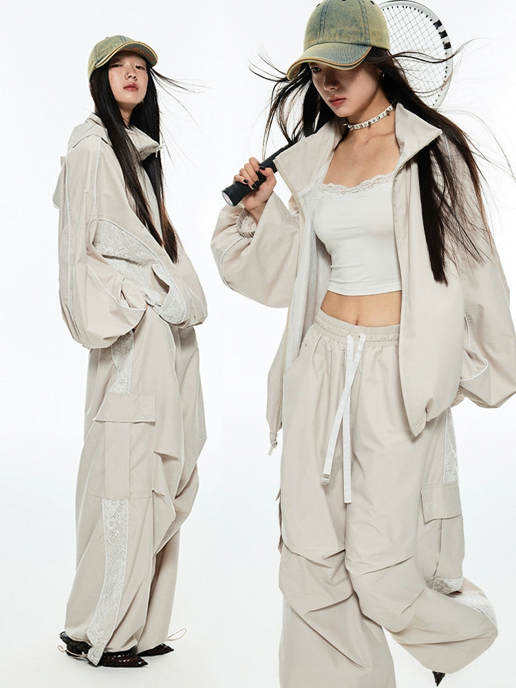 Black &amp; Beige Wide-Legged Windbreaker Pants - CHINASQUAD