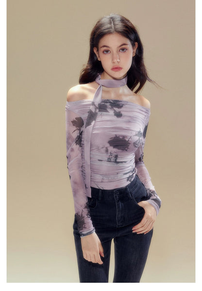 Purple Rose Printed Mesh Long Sleeve T-shirt - CHINASQUAD