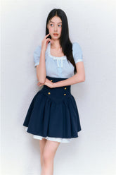 College Striped Shirt & Navy High Waist Skirt Set - CHINASQUAD