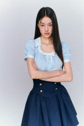 College Striped Shirt & Navy High Waist Skirt Set - CHINASQUAD